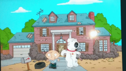 A Cartoon Of Griffin And Stewie Standing In Front Of A Brick House GIF