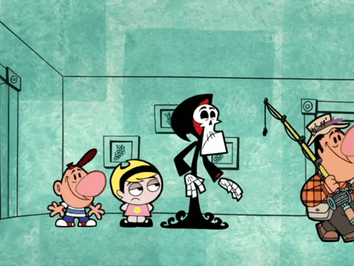 A Cartoon Of Grim Reaper Standing Next To A Boy And A Girl GIF