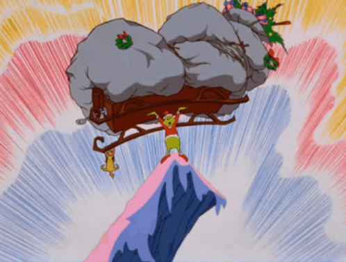 A Cartoon Of Grinch Riding A Sleigh On Top Of A Snow Covered Mountain GIF