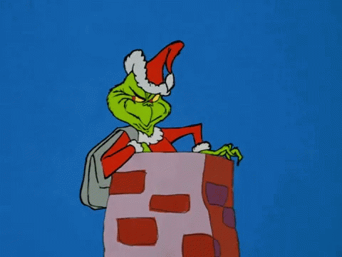 A Cartoon Of Grinch Wearing A Santa Hat And Carrying A Bag GIF