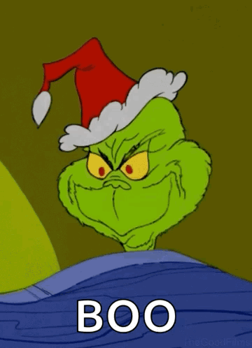 A Cartoon Of Grinch Wearing A Santa Hat And The Word Boo Below Him GIF