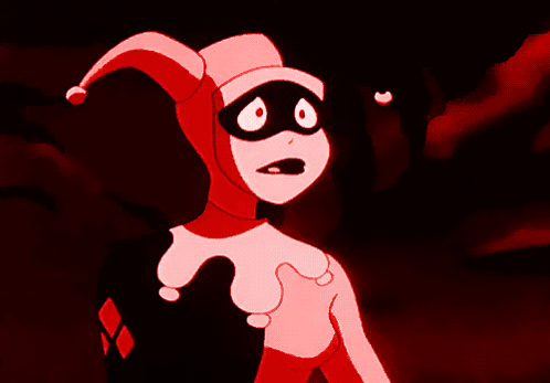A Cartoon Of Harley Quinn In A Red And Black Outfit GIF