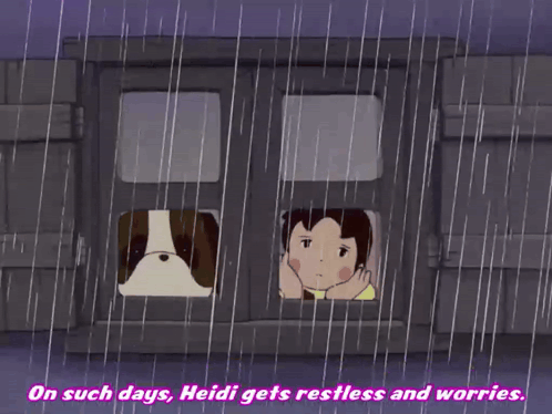 A Cartoon Of Heidi And Her Dog Looking Out A Window With The Caption On Such Days Heidi Gets Restless And Worries GIF