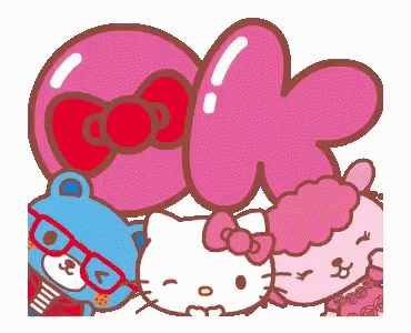 A Cartoon Of Hello Kitty And A Teddy Bear With Glasses GIF