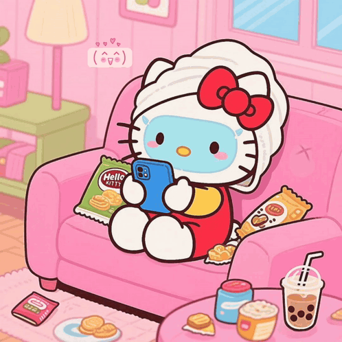 A Cartoon Of Hello Kitty Sitting On A Pink Couch Holding A Cell Phone GIF