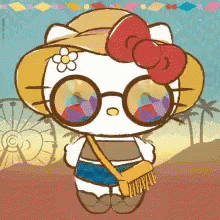 A Cartoon Of Hello Kitty Wearing Sunglasses And A Straw Hat GIF