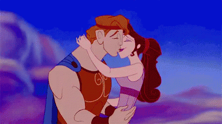 A Cartoon Of Hercules And Megara Kissing In The Sky GIF