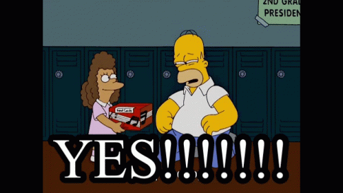 A Cartoon Of Homer Simpson And A Girl Holding A Box That Says Yes !!! GIF
