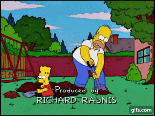 A Cartoon Of Homer Simpson And Bart Digging In A Yard GIF