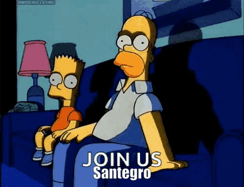 A Cartoon Of Homer Simpson And Bart Simpson Sitting On A Couch With The Words " Join Us Santegro " GIF