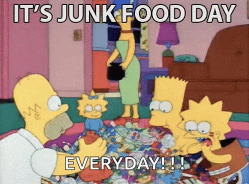 A Cartoon Of Homer Simpson And His Family Eating Junk Food GIF