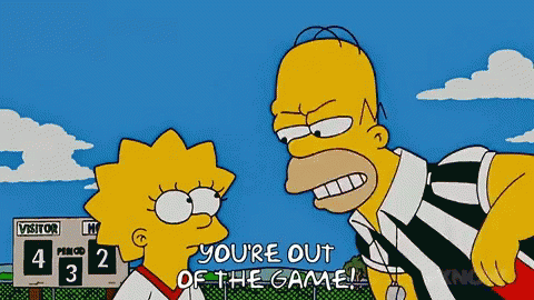 a cartoon of homer simpson and lisa simpson talking to a referee