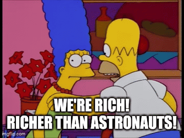 A Cartoon Of Homer Simpson And Marge Simpson Saying " We 'Re Rich " GIF
