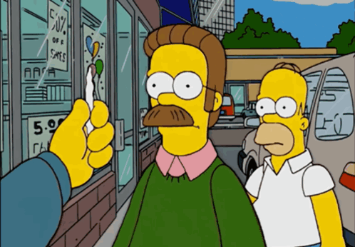 A Cartoon Of Homer Simpson And Ned Flanders Standing In Front Of A Store GIF