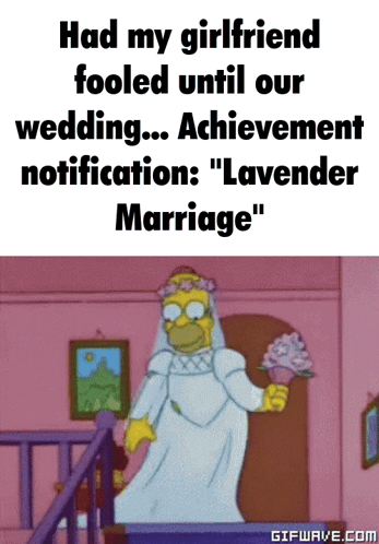 A Cartoon Of Homer Simpson Dressed As A Bride Holding A Bouquet Of Flowers GIF