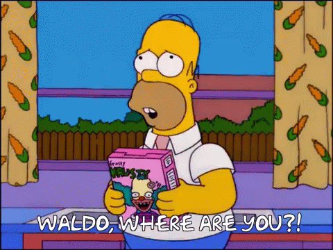 A Cartoon Of Homer Simpson Holding A Box Of Waldo Where Are You GIF