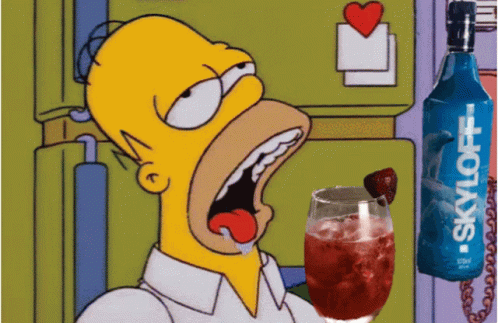 A Cartoon Of Homer Simpson Holding A Glass And A Bottle Of Skyyloft GIF