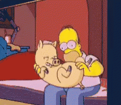 A Cartoon Of Homer Simpson Holding A Pig With A Heart On Its Back GIF