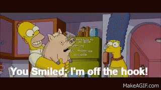 A Cartoon Of Homer Simpson Holding A Pig With The Words " You Smiled I 'M Off The Hook " GIF