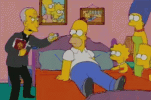 A Cartoon Of Homer Simpson Laying On A Bed While A Priest Talks To Him GIF