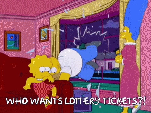 A Cartoon Of Homer Simpson Laying On A Couch With The Words " Who Wants Lottery Tickets " Below Him GIF