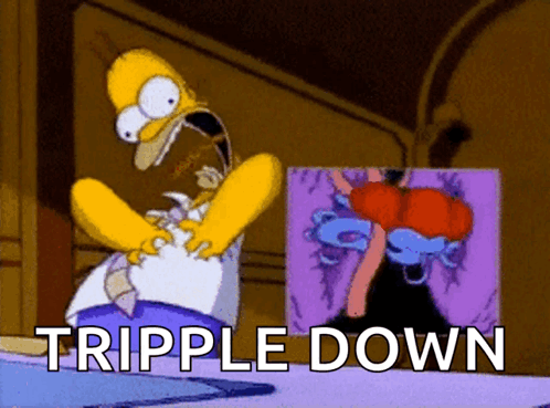 A Cartoon Of Homer Simpson Looking At A Picture With The Words " Tripple Down " Below Him GIF