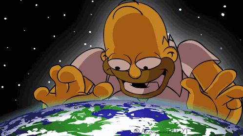a cartoon of homer simpson looking at the earth with a watermark that says anonymous