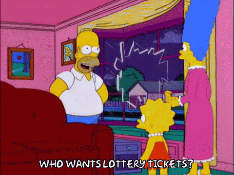 A Cartoon Of Homer Simpson , Marge Simpson And Lisa Simpson Talking About Lottery Tickets . GIF