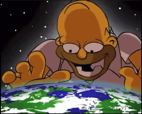 a cartoon of homer simpson reaching out over the earth
