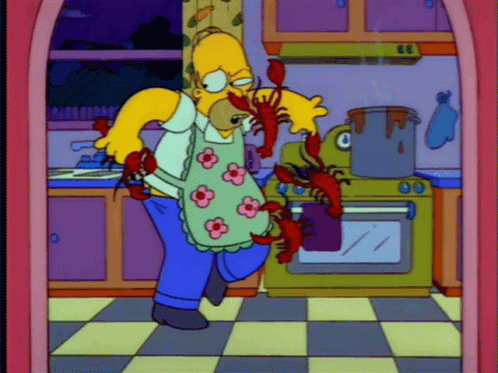 A Cartoon Of Homer Simpson Running With Lobsters In His Hand GIF