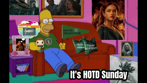A Cartoon Of Homer Simpson Sitting On A Couch With The Words It 'S Hotd Sunday GIF