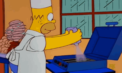 A Cartoon Of Homer Simpson Spraying Something On A Blue Grill GIF