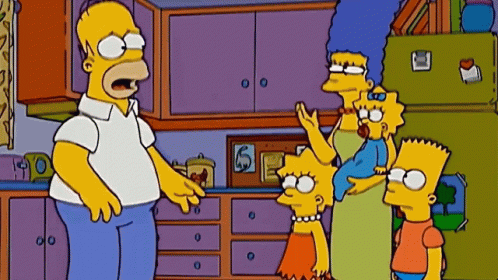 A Cartoon Of Homer Simpson Standing In A Kitchen With His Family GIF