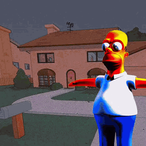 A Cartoon Of Homer Simpson Standing In Front Of A House With His Arms Outstretched GIF
