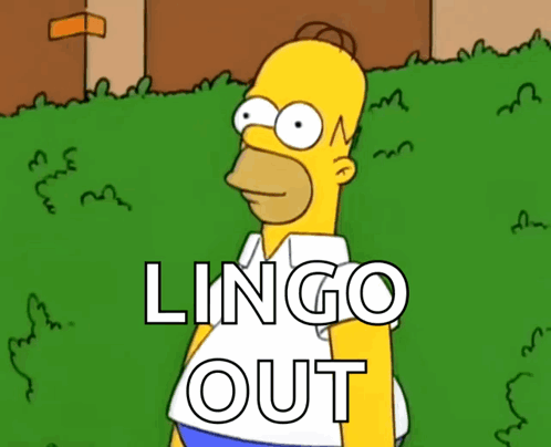 A Cartoon Of Homer Simpson Standing In The Grass With The Words Lingo Out Below Him GIF