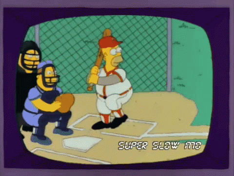 A Cartoon Of Homer Simpson Swinging A Baseball Bat With The Words Super Slow And On The Screen GIF