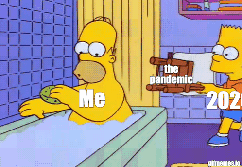 A Cartoon Of Homer Simpson Taking A Bath And Bart Holding A Wooden Stool That Says The Pandemic 2021 GIF
