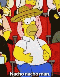 A Cartoon Of Homer Simpson Wearing A Cowboy Hat With The Words Nacho Nacho Man Above Him GIF