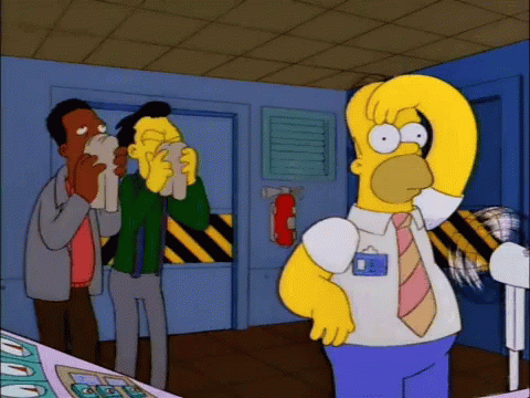 A Cartoon Of Homer Simpson Wearing A Name Tag That Says ' E ' On It GIF