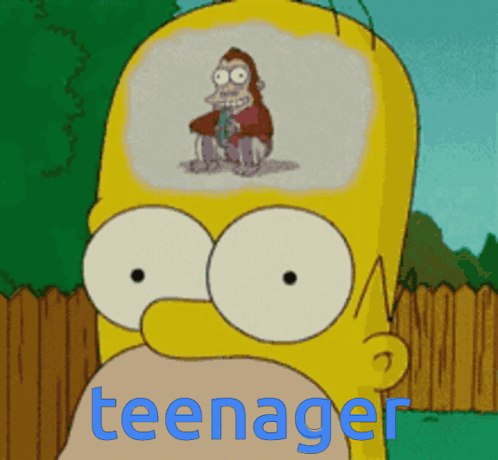 A Cartoon Of Homer Simpson With A Monkey In His Head And The Word Teenager Underneath GIF