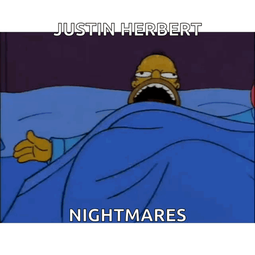 A Cartoon Of Homer Simpson With His Mouth Open And The Words Justin Herbert Nightmare On The Bottom GIF