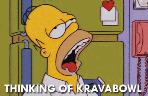 A Cartoon Of Homer Simpson With His Mouth Open And The Words " Thinking Of Kravabowl " Below Him GIF