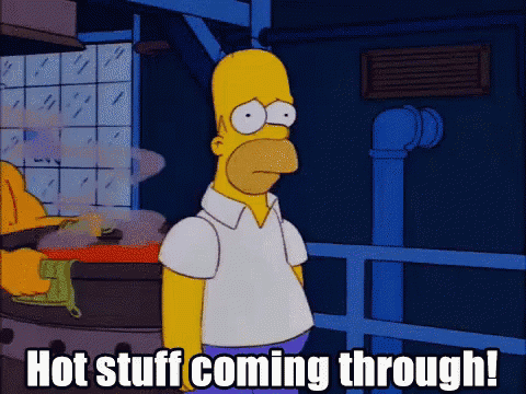 A Cartoon Of Homer Simpson With The Words Hot Stuff Coming Through Written Below Him GIF