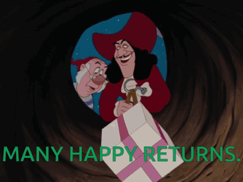A Cartoon Of Hook Holding A Box With The Words Many Happy Returns GIF