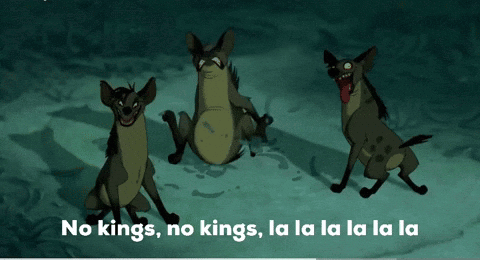 A Cartoon Of Hyenas With The Words No Kings No Kings La La La La La La GIF