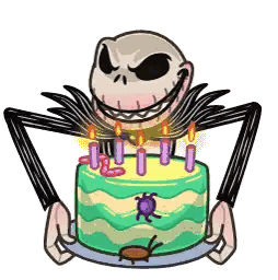 a cartoon of jack skellington holding a cake with candles on it