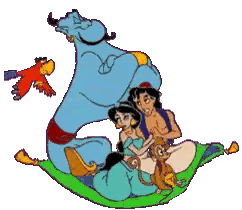 a cartoon of jasmine aladdin and the genie flying on a carpet