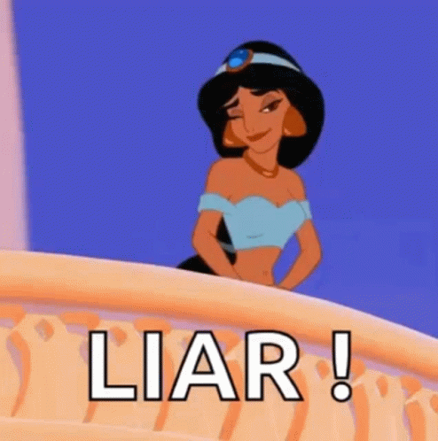 A Cartoon Of Jasmine From Aladdin Standing On A Balcony With The Word Liar Written Below Her GIF