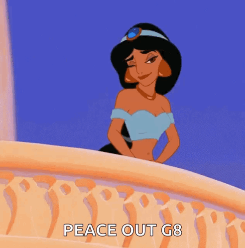 A Cartoon Of Jasmine Standing On A Balcony With The Words Peace Out G8 Above Her GIF