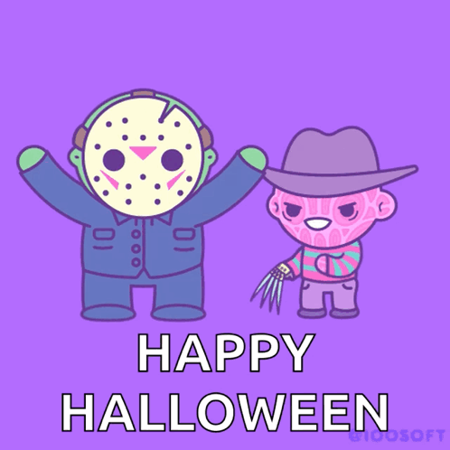 A Cartoon Of Jason Voorhees And Freddy Krueger With The Words Happy Halloween Below Them GIF